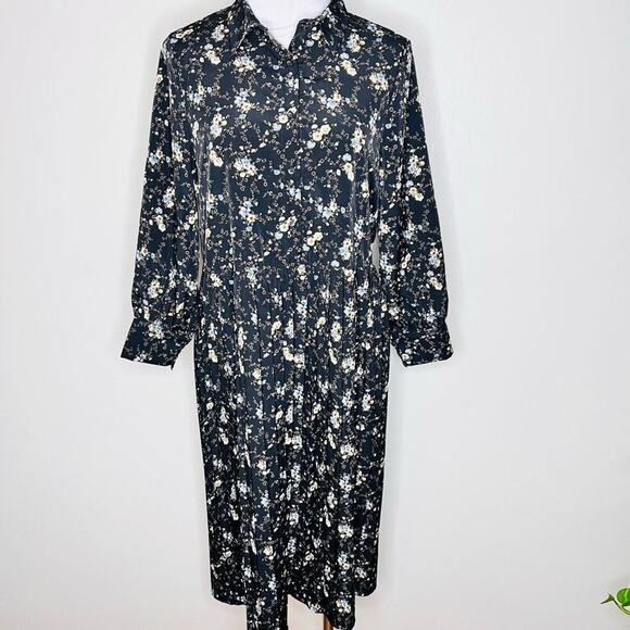 Dresses & Skirts - Pleated Midi Dress MED-LARGE Black Floral Cottagecore Half Button Bishop Sleeve
